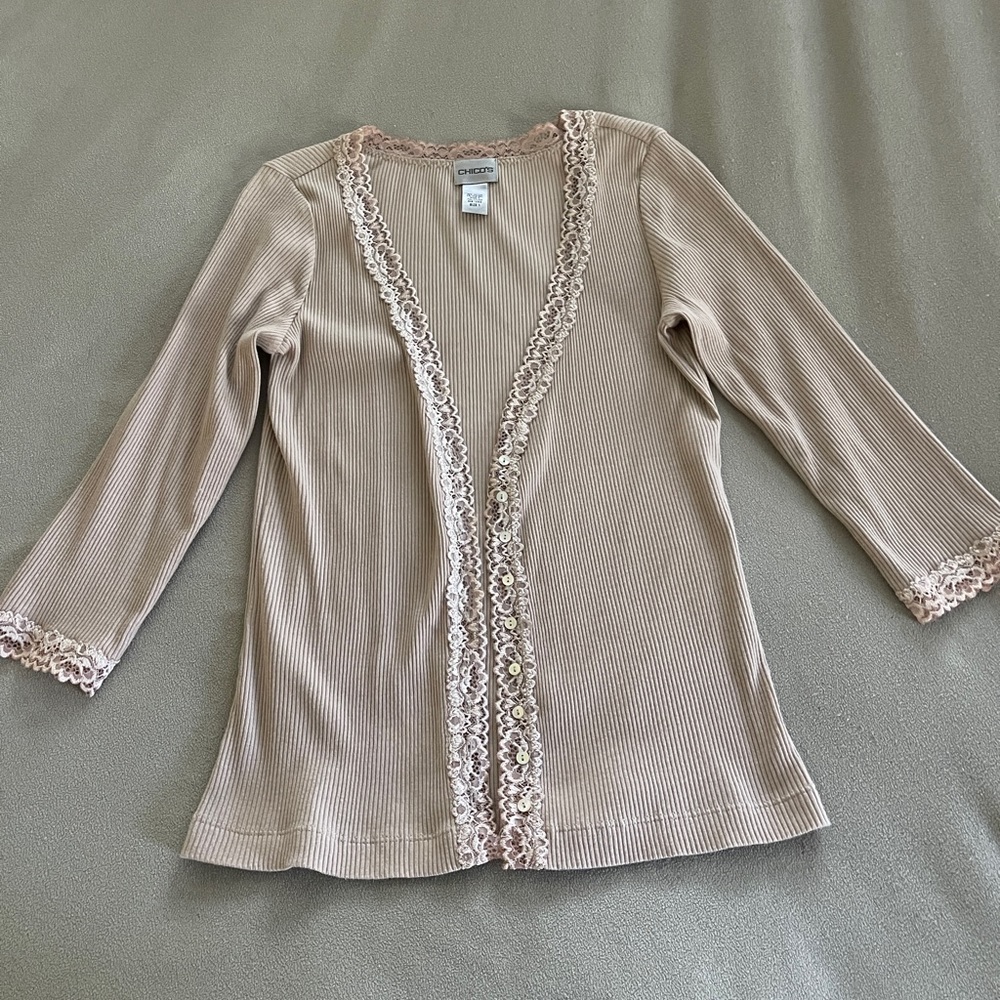 Chico’s rubbed lace trimmed cardigan size 1.